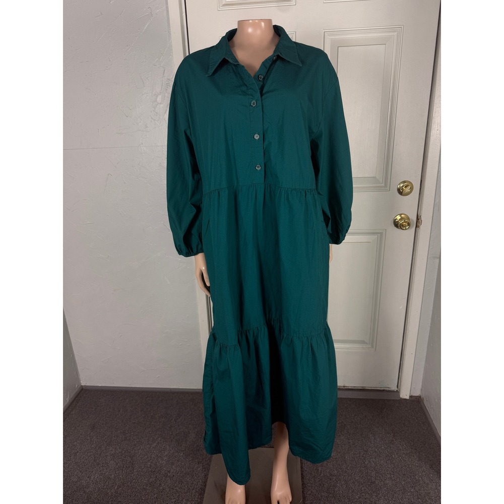 Quince Women's Dress XL Cotton Collared A-line Pockets Tiered Button L/S Q3-1